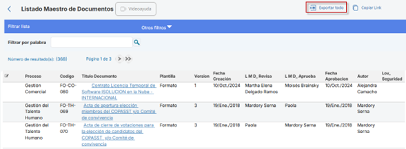 Documentación – Exportar todo el listado maestro de documentos