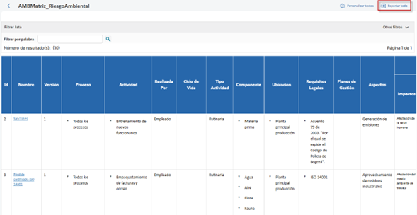 Gestión ambiental – Exportar todo en la matriz de aspectos e impactos1