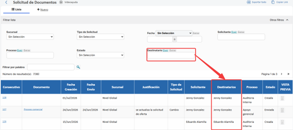 Documentación – Filtro por destinatario en las solicitudes documentales1